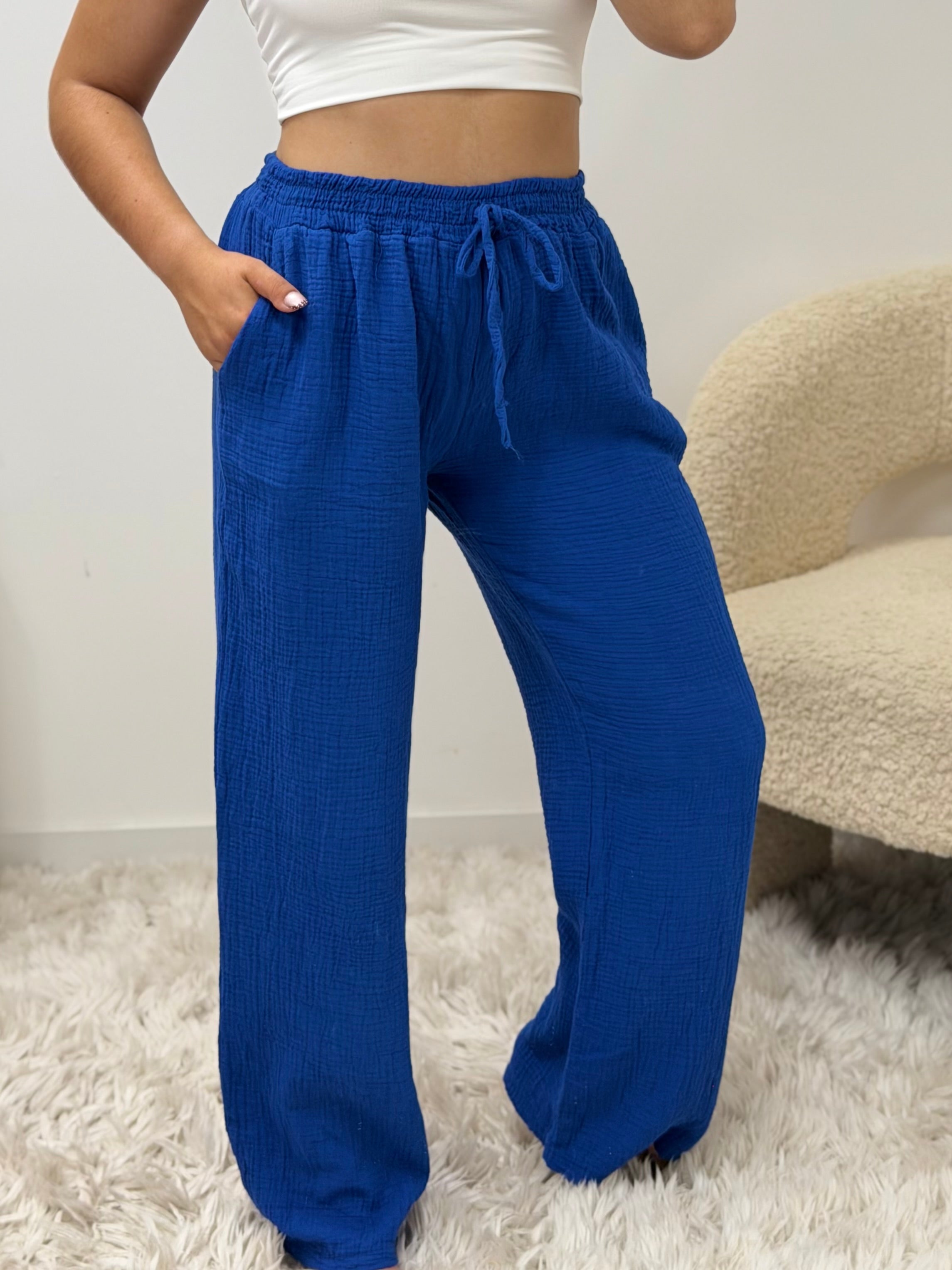 Pantalon Amy bleu royal 100% coton taille unique fabriqué en Italie - vue dos - Ds'Clothes