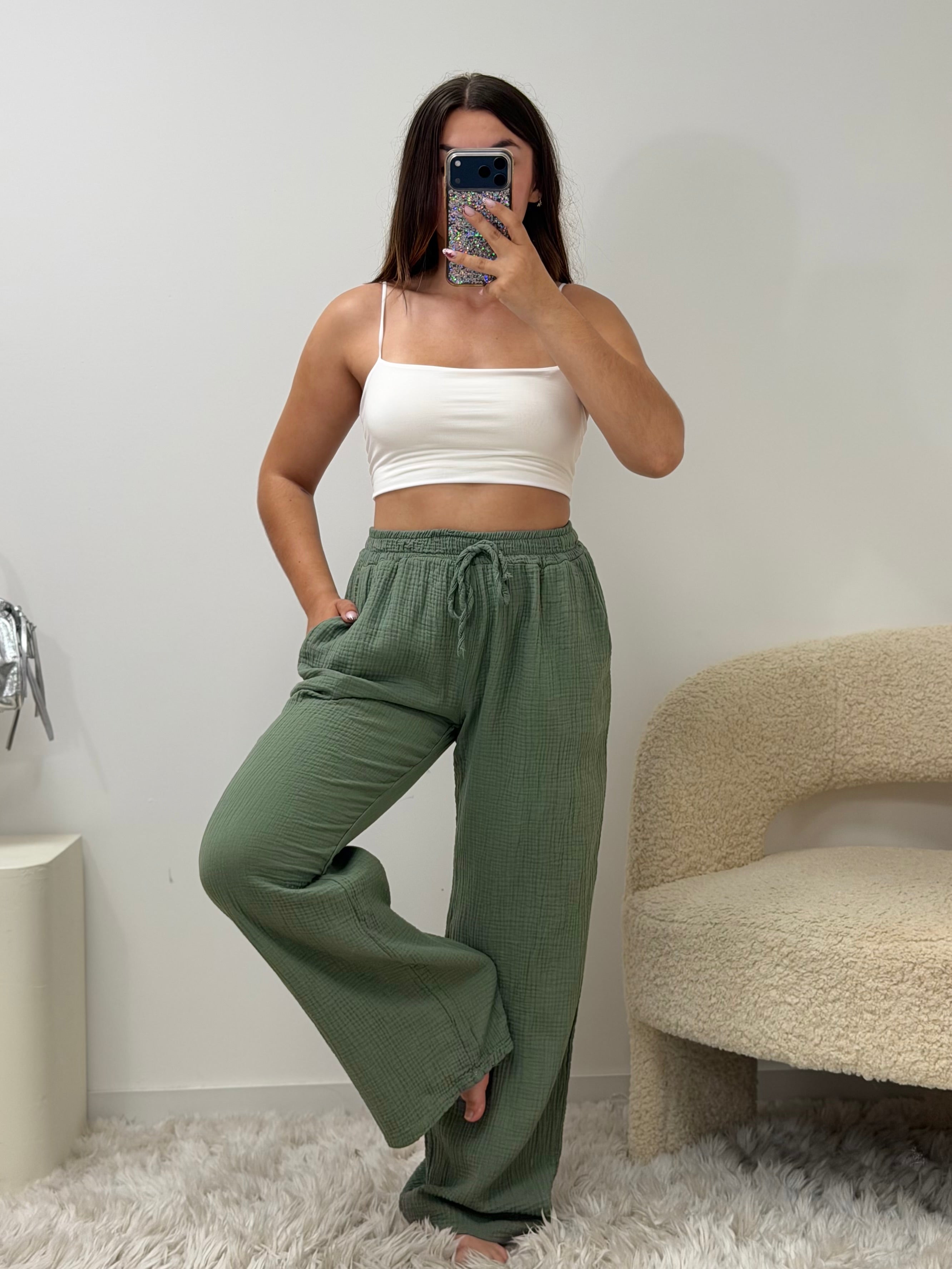 Pantalon Amy kaki 100% coton taille unique fabriqué en Italie - vue dos - Ds'Clothes