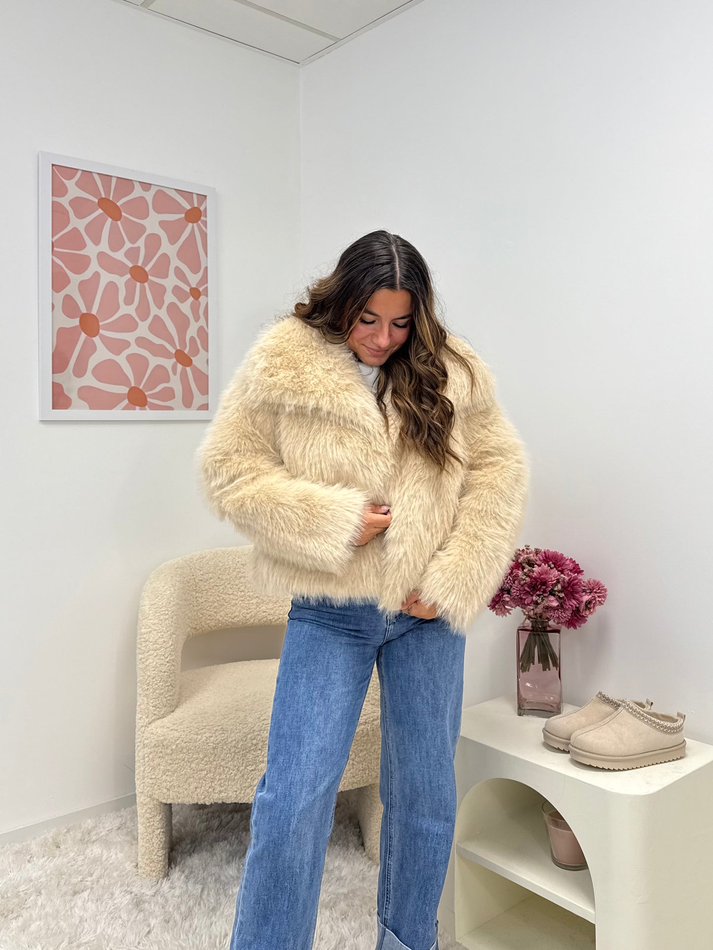 Manteau en fausse fourrure écru