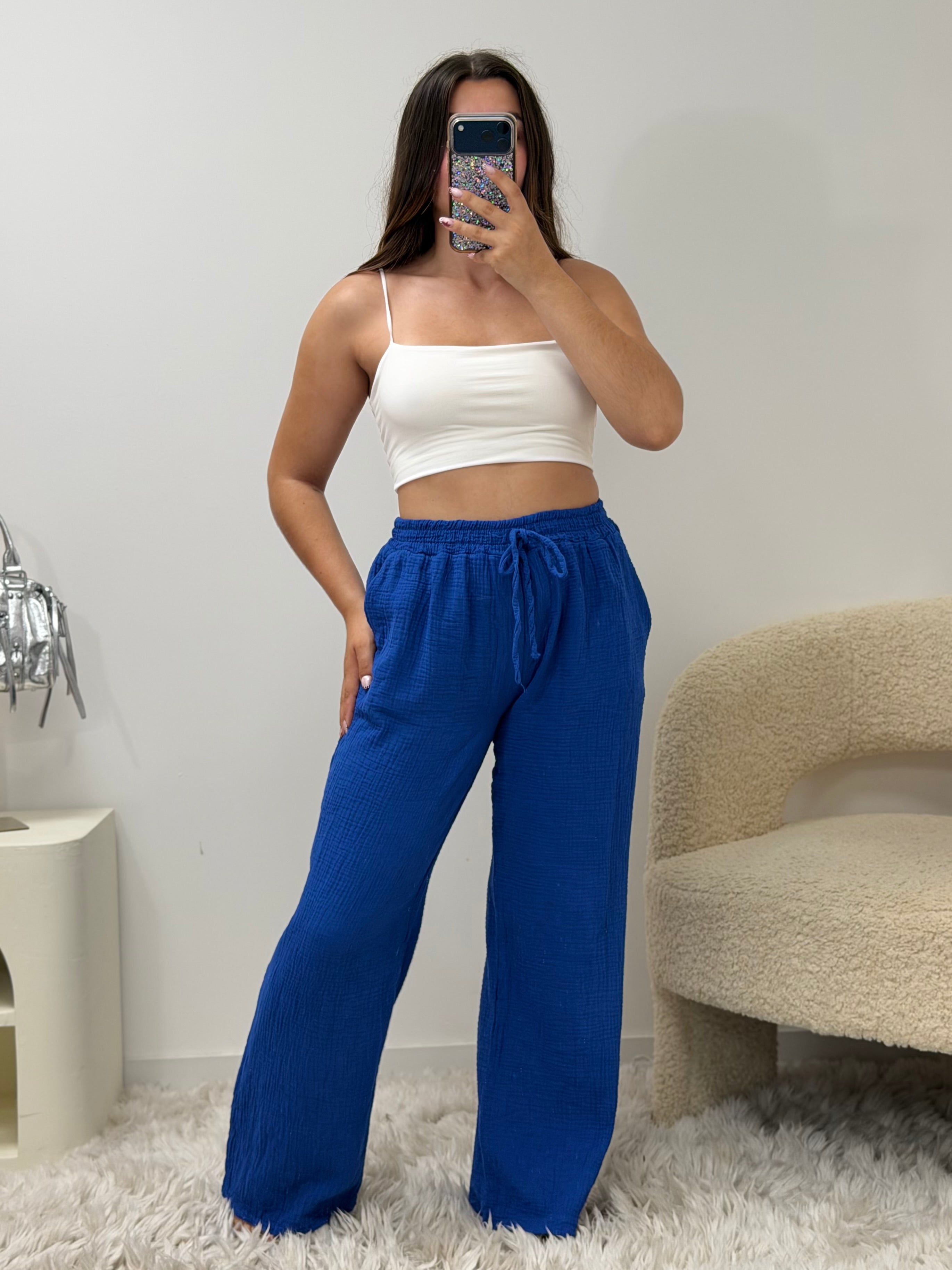 Pantalon Amy bleu royal 100% coton taille unique fabriqué en Italie - vue face - Ds'Clothes