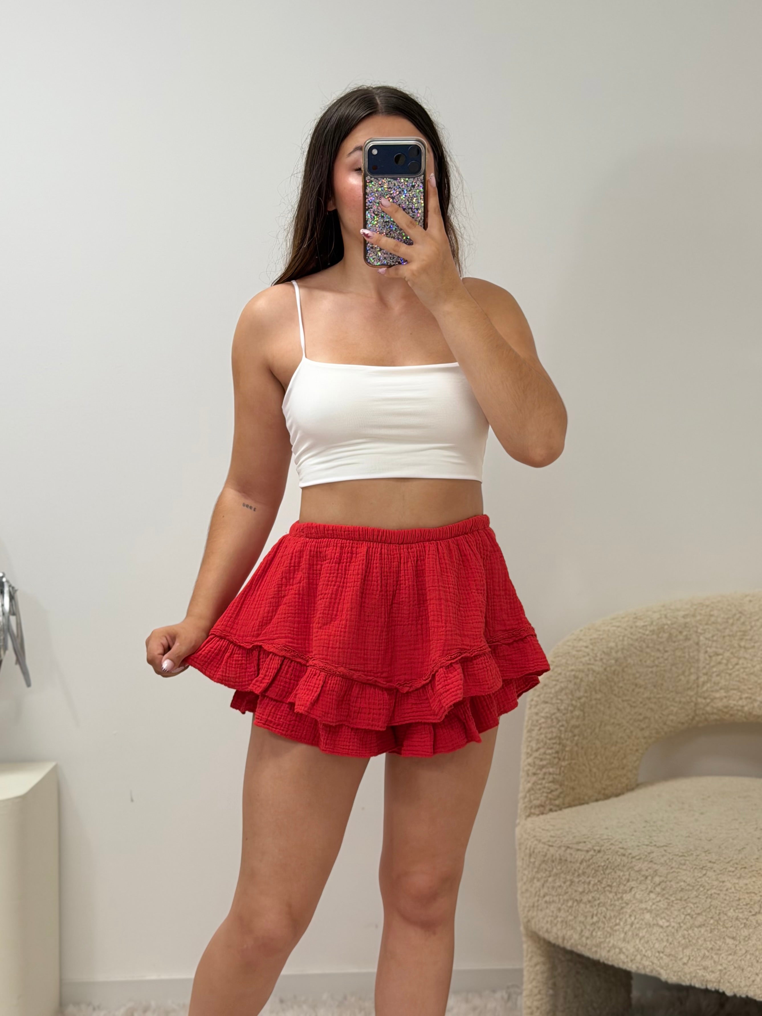 Jupe-short rouge 100% coton taille unique fabriquée en Italie - vue face - Ds'Clothes