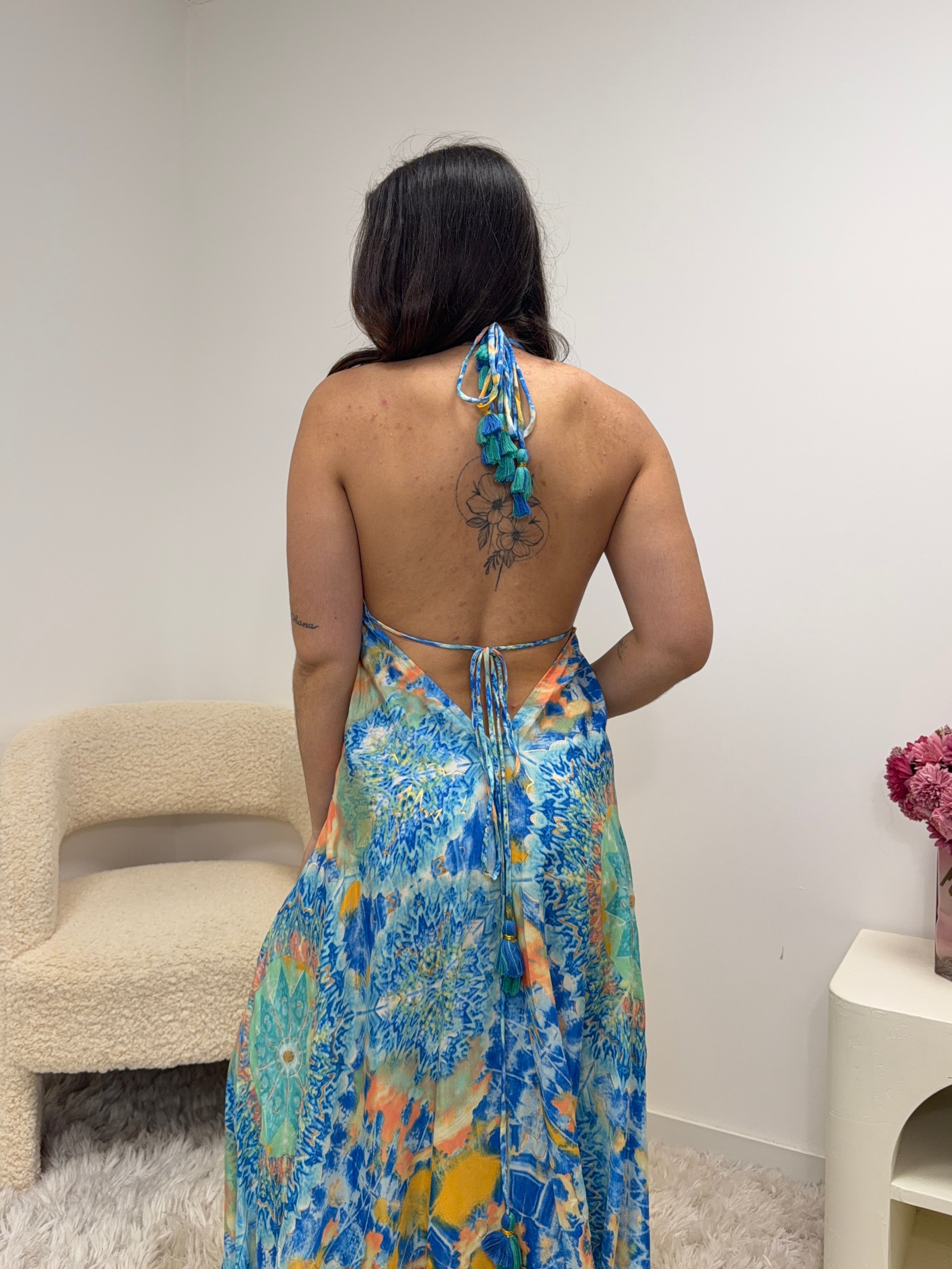 Robe longue bohème bleue femme vue de dos - taille 34 à 46 - Ds'Clothes
