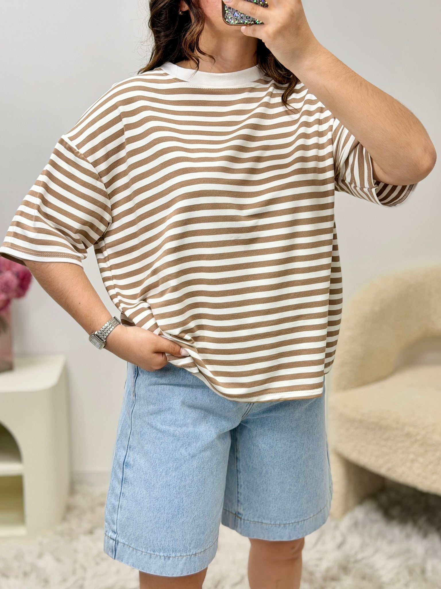 haut T-shirt TESSA camel/blanc (manche courte) dsclothes
