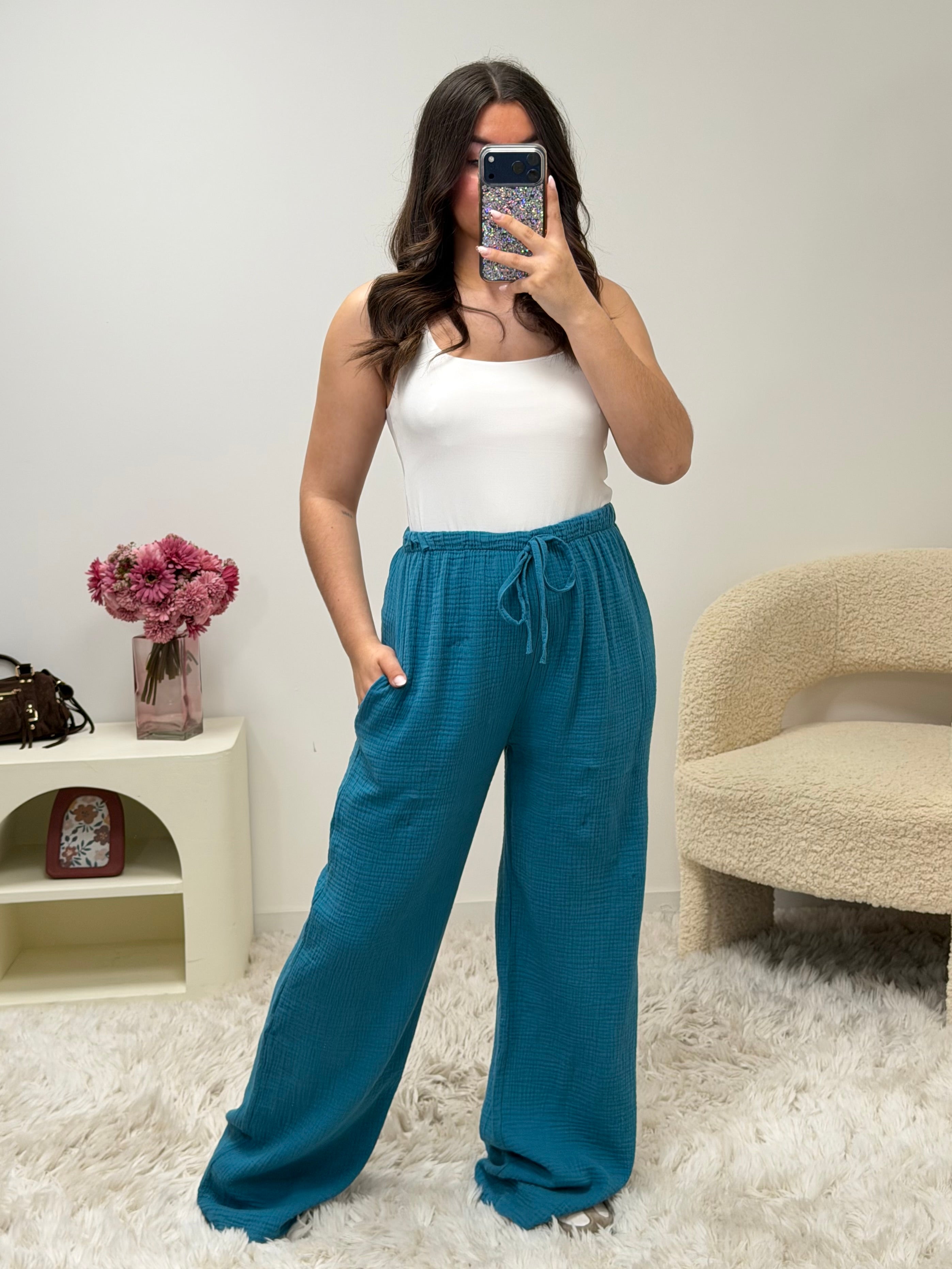 pantalon Pantalon en gaze de coton bleu canard dsclothes