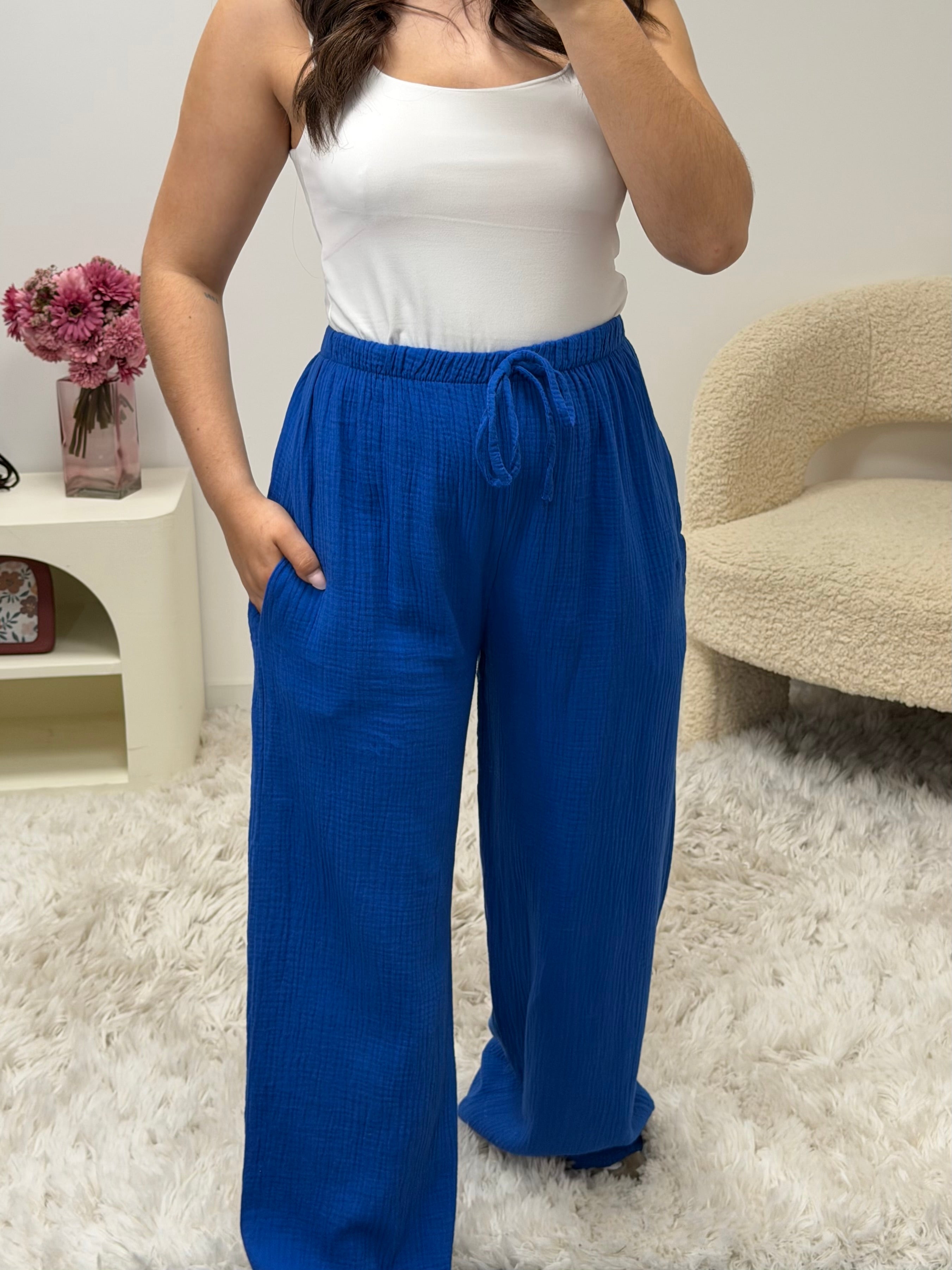 pantalon Pantalon en gaze de coton bleu royale dsclothes