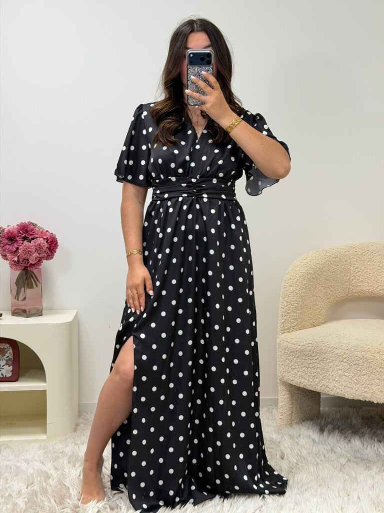 Robe longue satinée à pois noire femme vue de face - taille 34 à 44 - Ds'Clothes