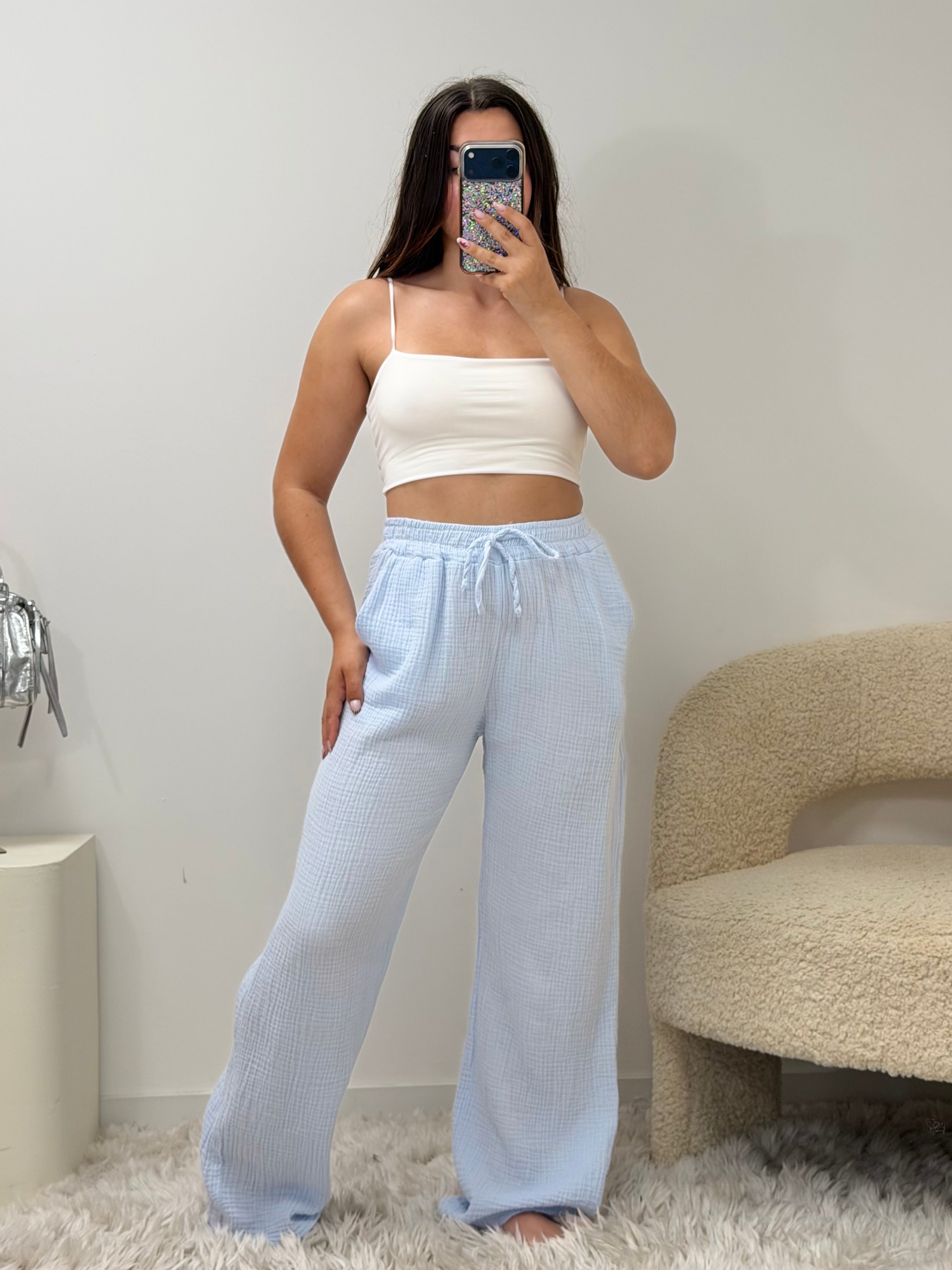 Pantalon Amy bleu ciel 100% coton taille unique fabriqué en Italie - vue face - Ds'Clothes