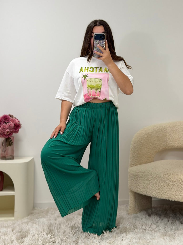 Pantalon ROMY vert plissé femme détail du tissu - Ds'Clothes