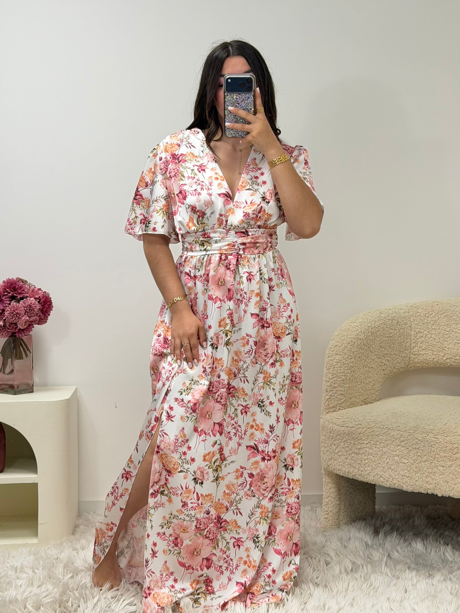 Robe longue fleurie satinée femme vue de face - taille 34 à 44 - Ds'Clothes