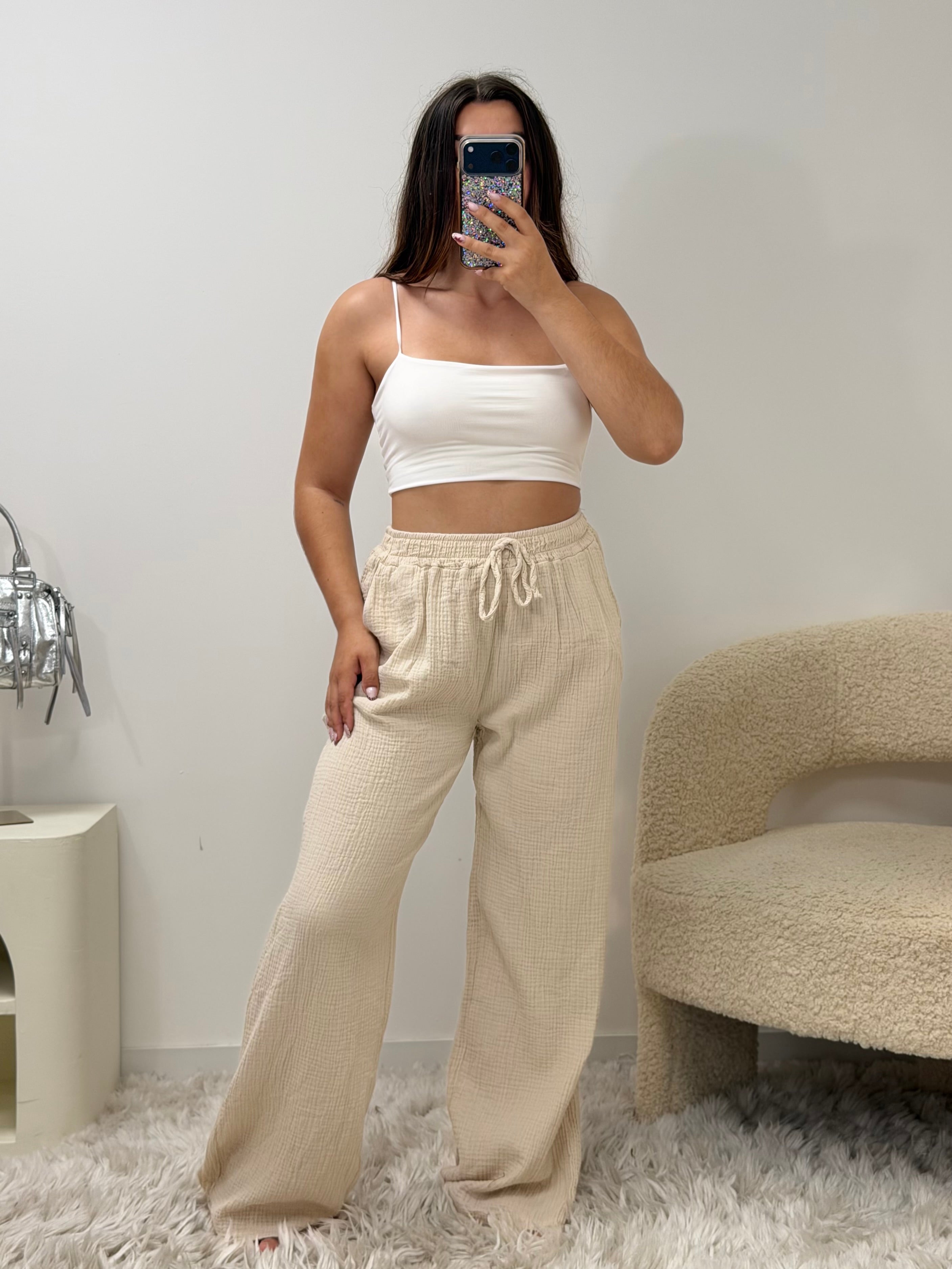 Pantalon Amy beige 100% coton taille unique fabriqué en Italie - vue face - Ds'Clothes
