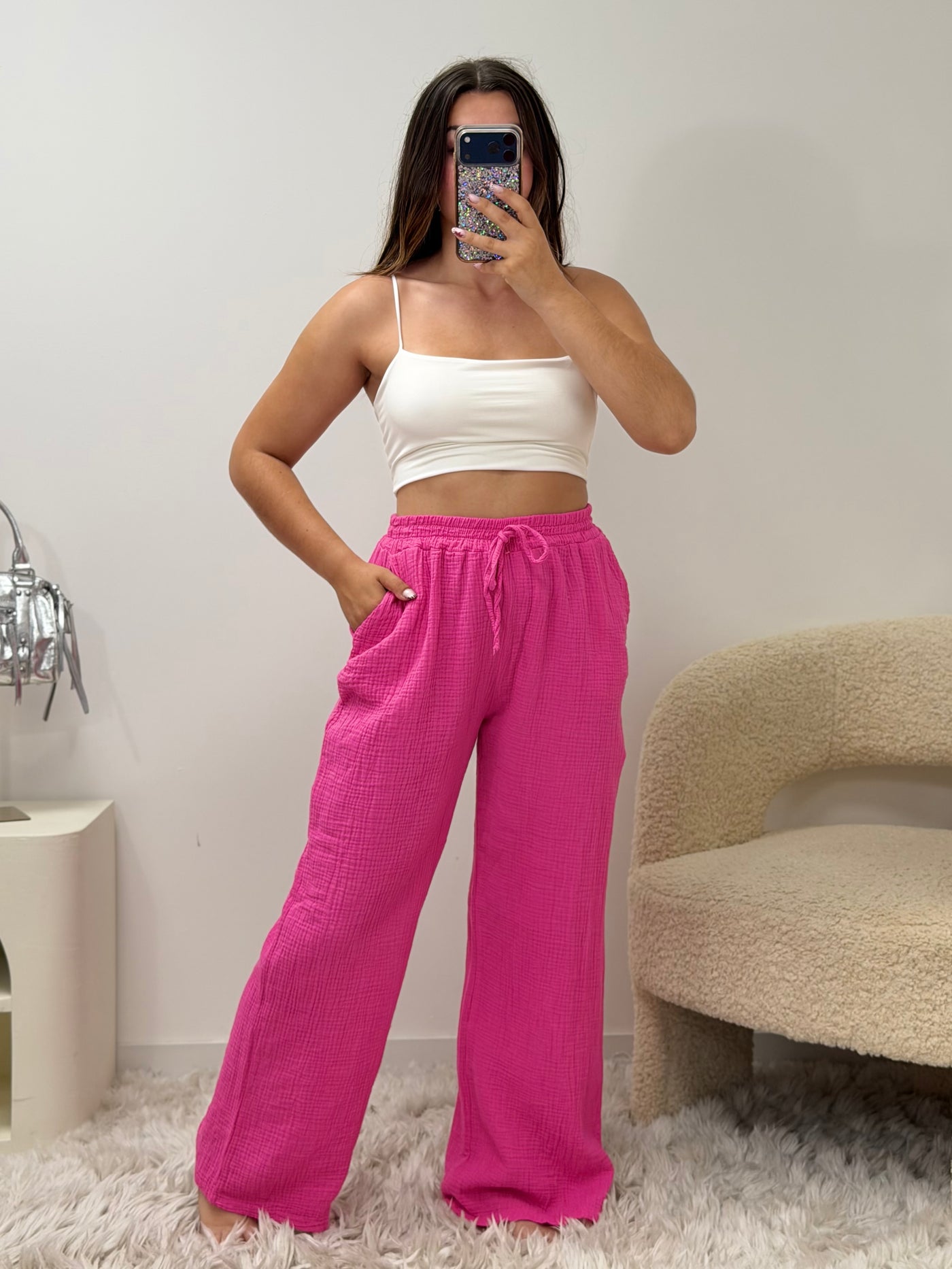 Pantalon Amy fuchsia 100% coton taille unique fabriqué en Italie - vue face - Ds'Clothes