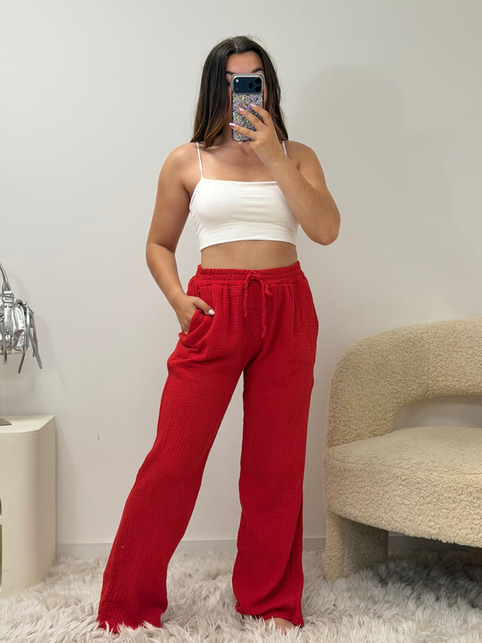Pantalon Amy rouge 100% coton taille unique fabriqué en Italie - vue face - Ds'Clothes