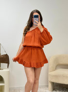 Combi-short asymétrique terracotta en gaze de coton, vue face