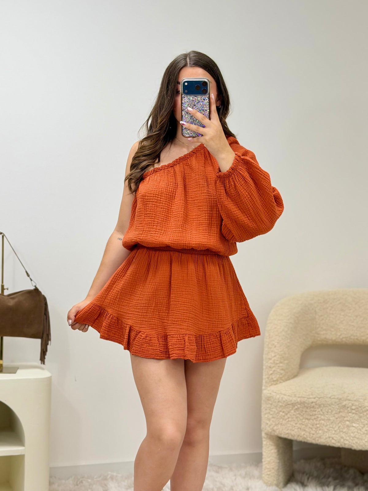 Combi-short asymétrique terracotta en gaze de coton, vue face