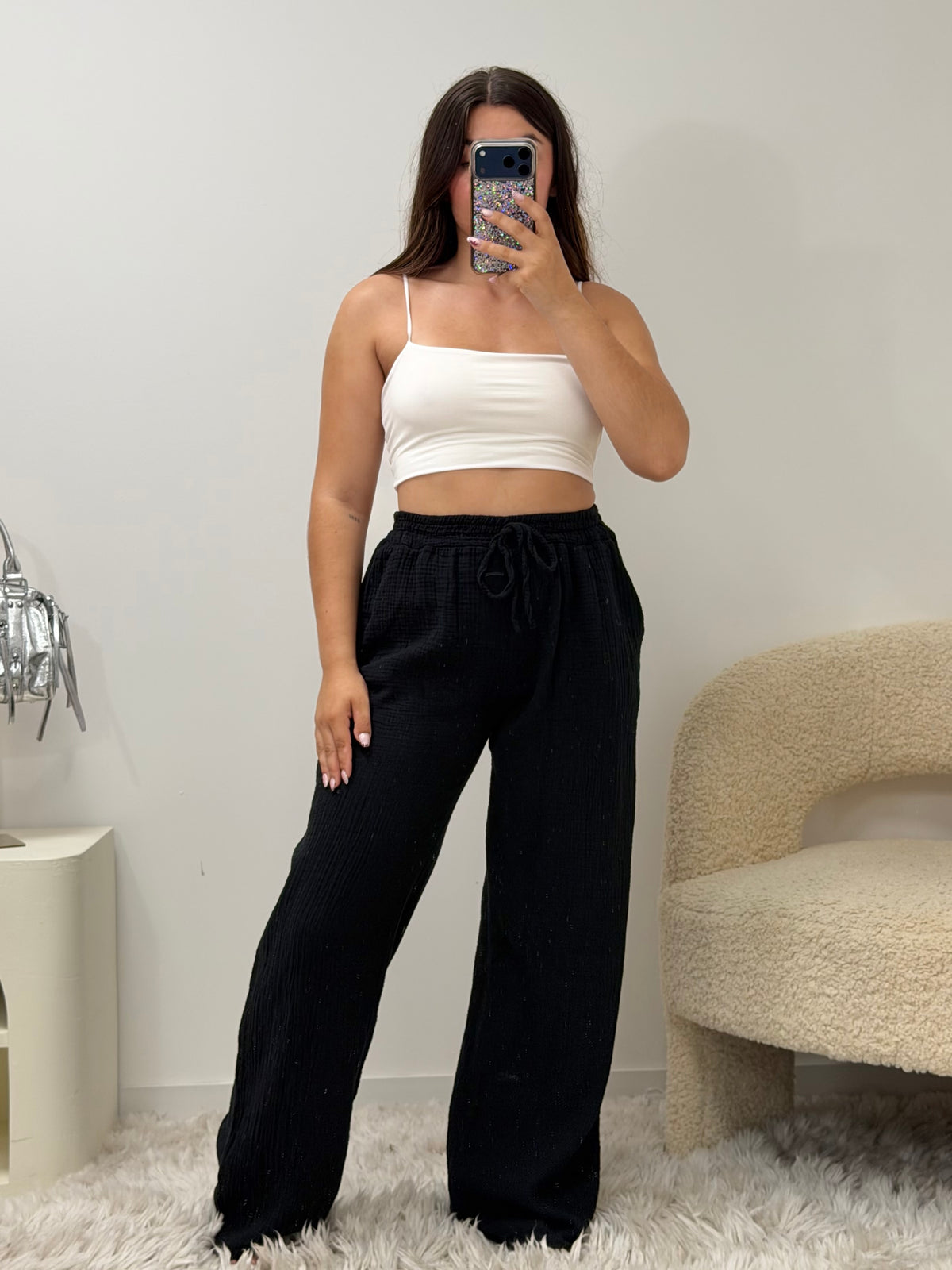 Pantalon Amy noir 100% coton taille unique fabriqué en Italie - vue face - Ds'Clothes