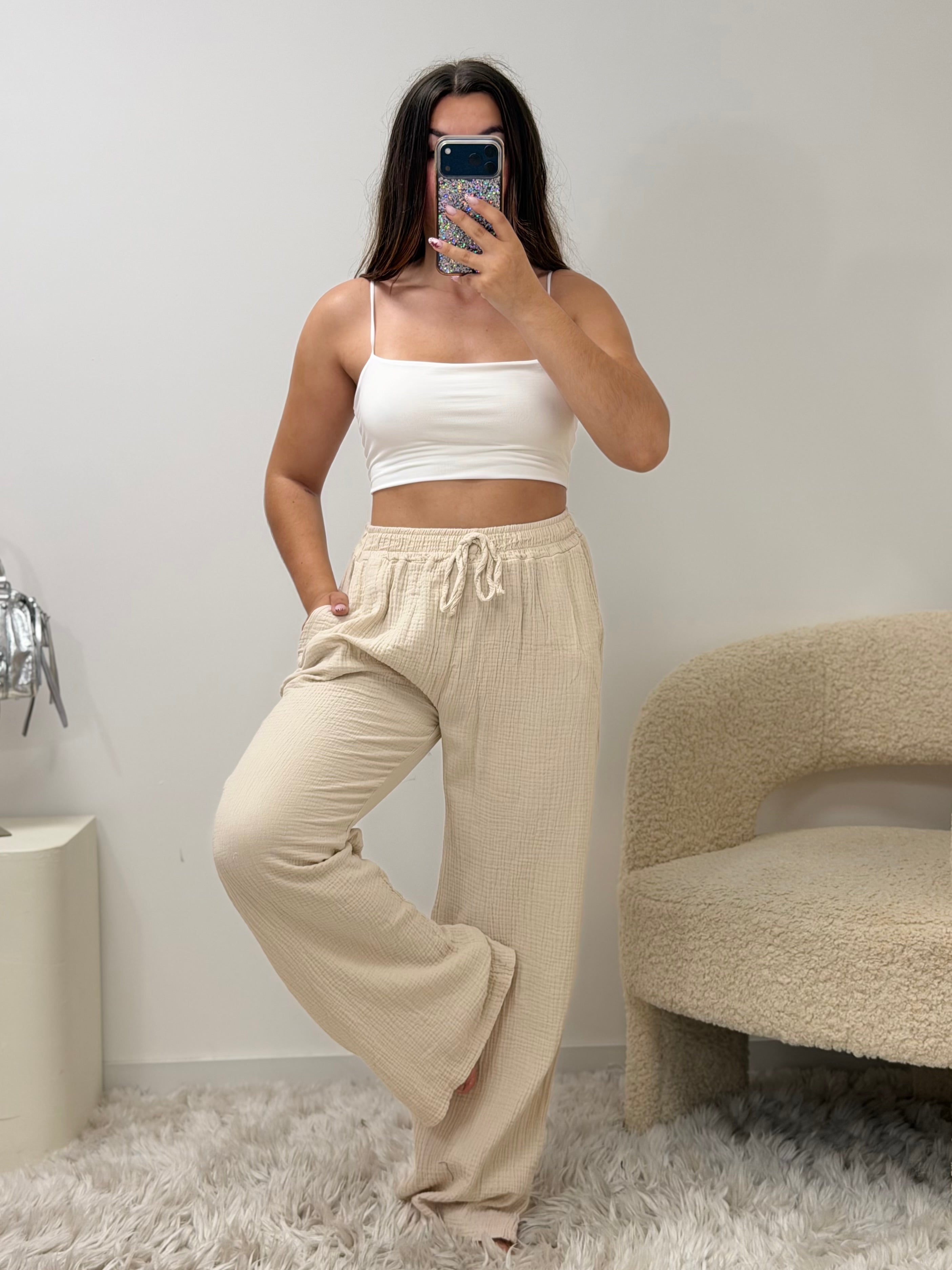 Pantalon Amy beige 100% coton taille unique fabriqué en Italie - vue portée - Ds'Clothes