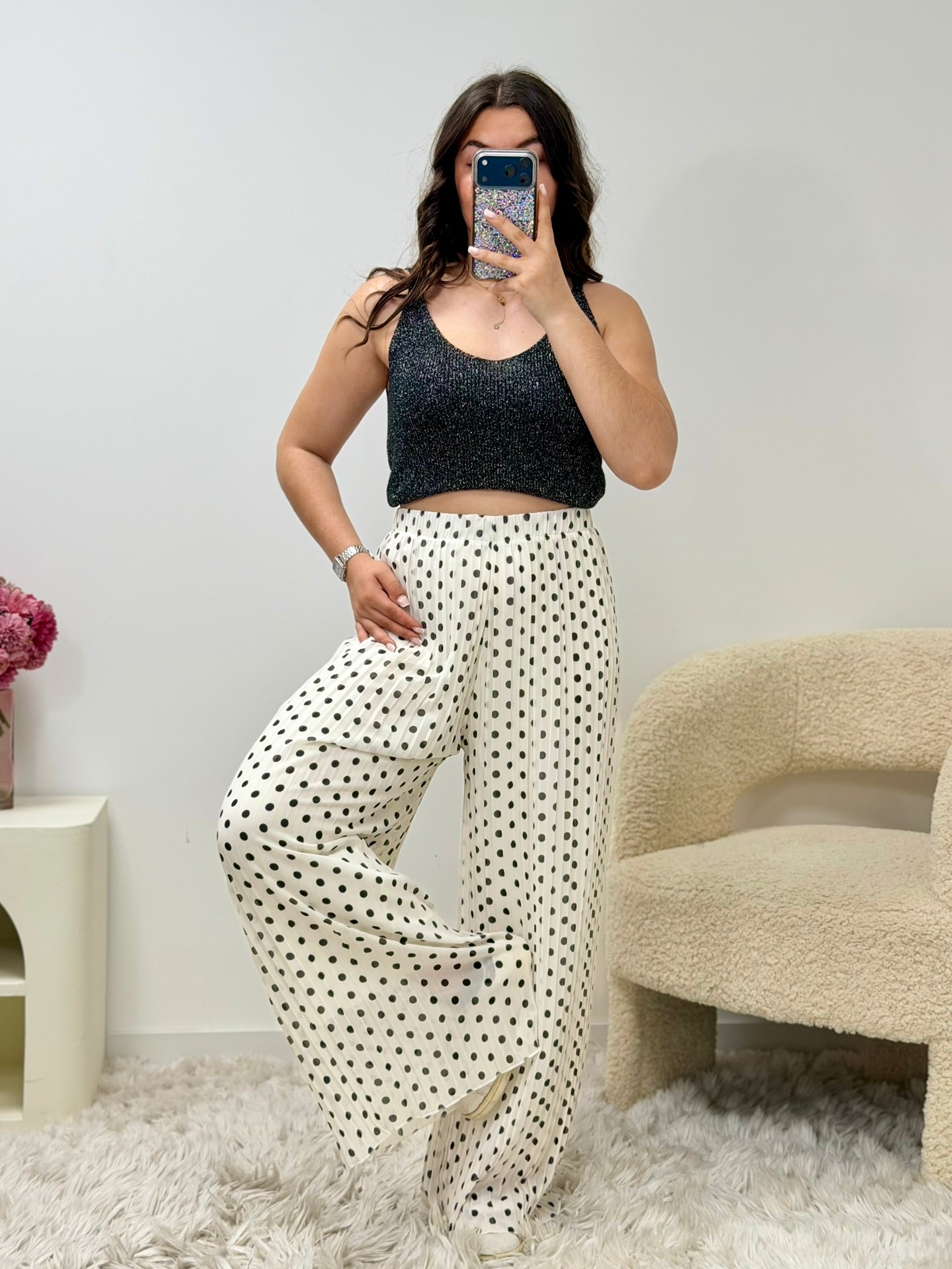 pantalon Pantalon MIRA plissé blanc à pois noir dsclothes