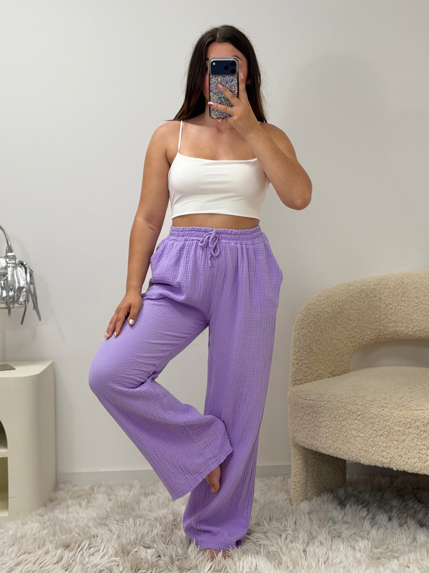 Pantalon Amy lila 100% coton taille unique fabriqué en Italie - vue dos - Ds'Clothes