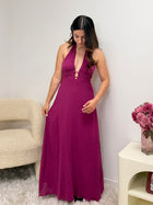 Robe MILA mauve longue femme détail encolure - Ds'Clothes
