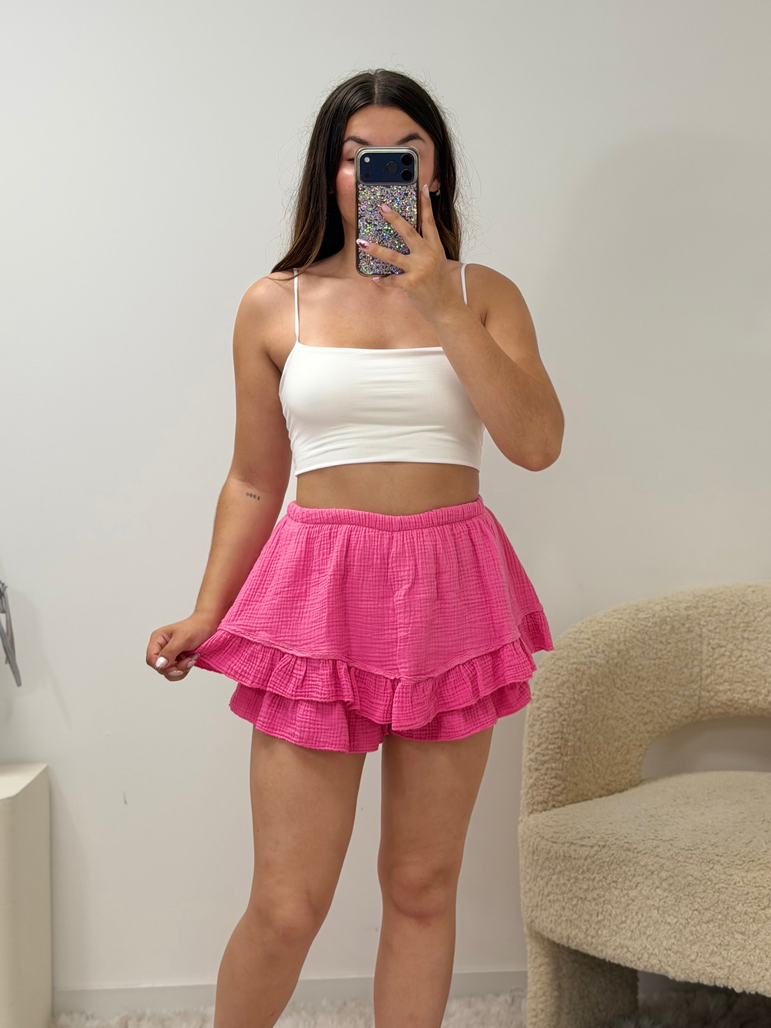 Jupe-short fuchsia 100% coton taille unique fabriquée en Italie - vue portée - Ds'Clothes
