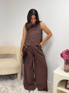 Pantalon ALBA marron tailleur femme détail faux boutons - Ds'Clothes