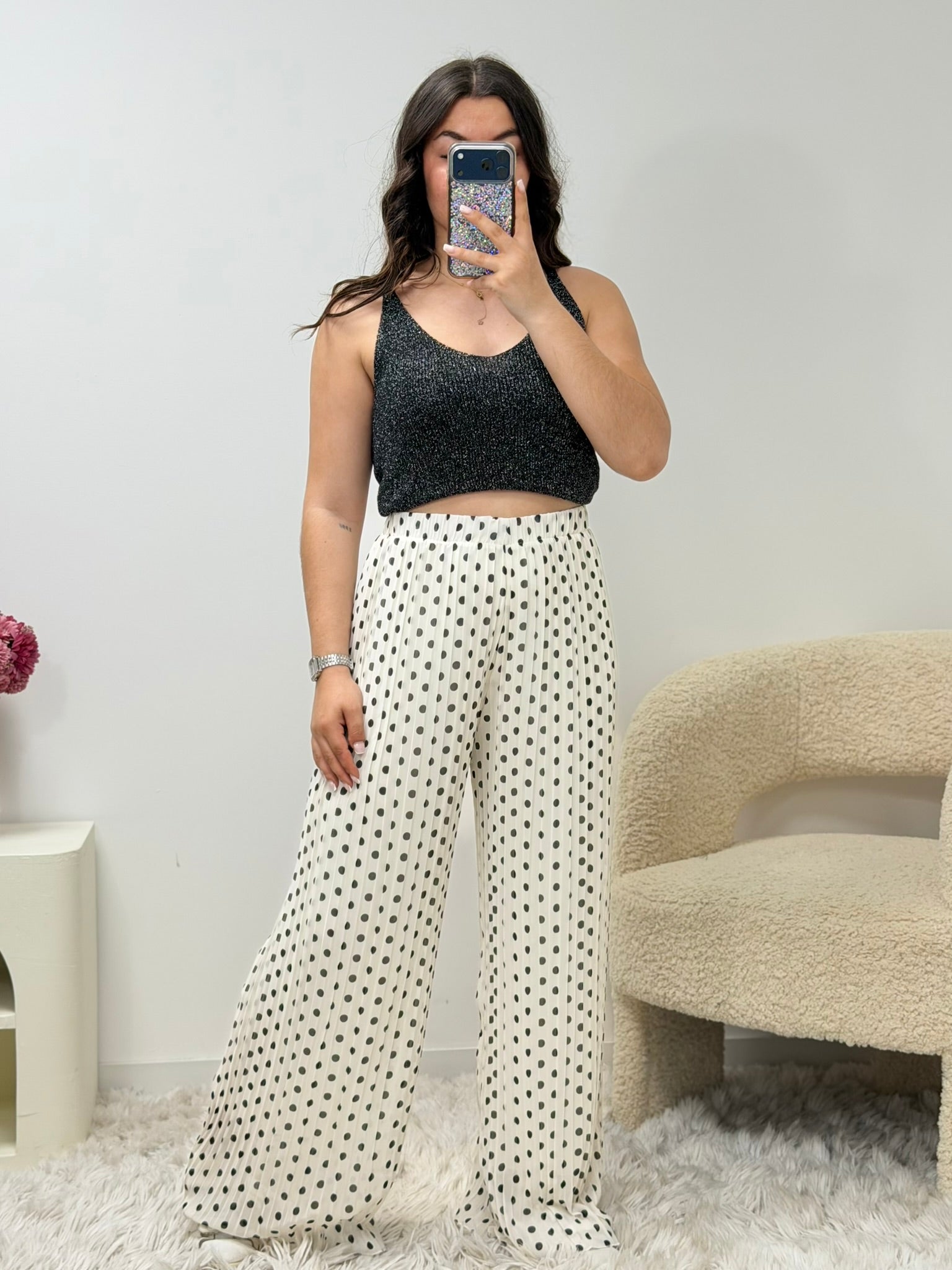 pantalon Pantalon MIRA plissé blanc à pois noir dsclothes