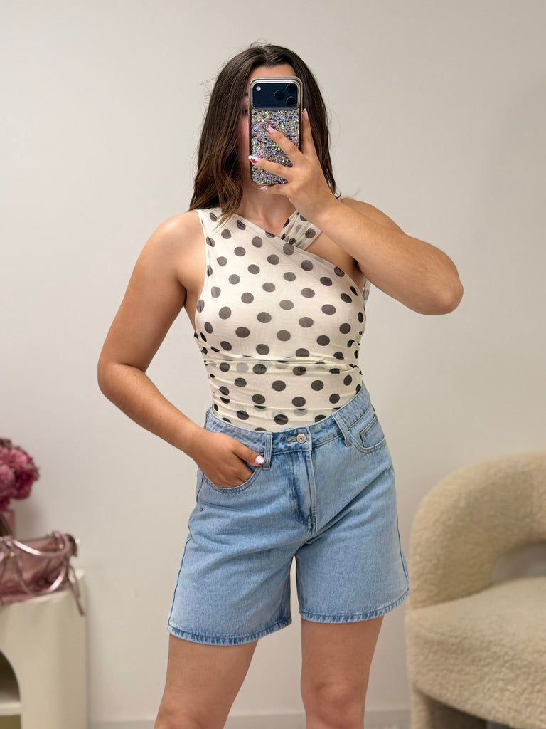 Body à pois blanc femme détail tulle drapé - Ds'Clothes