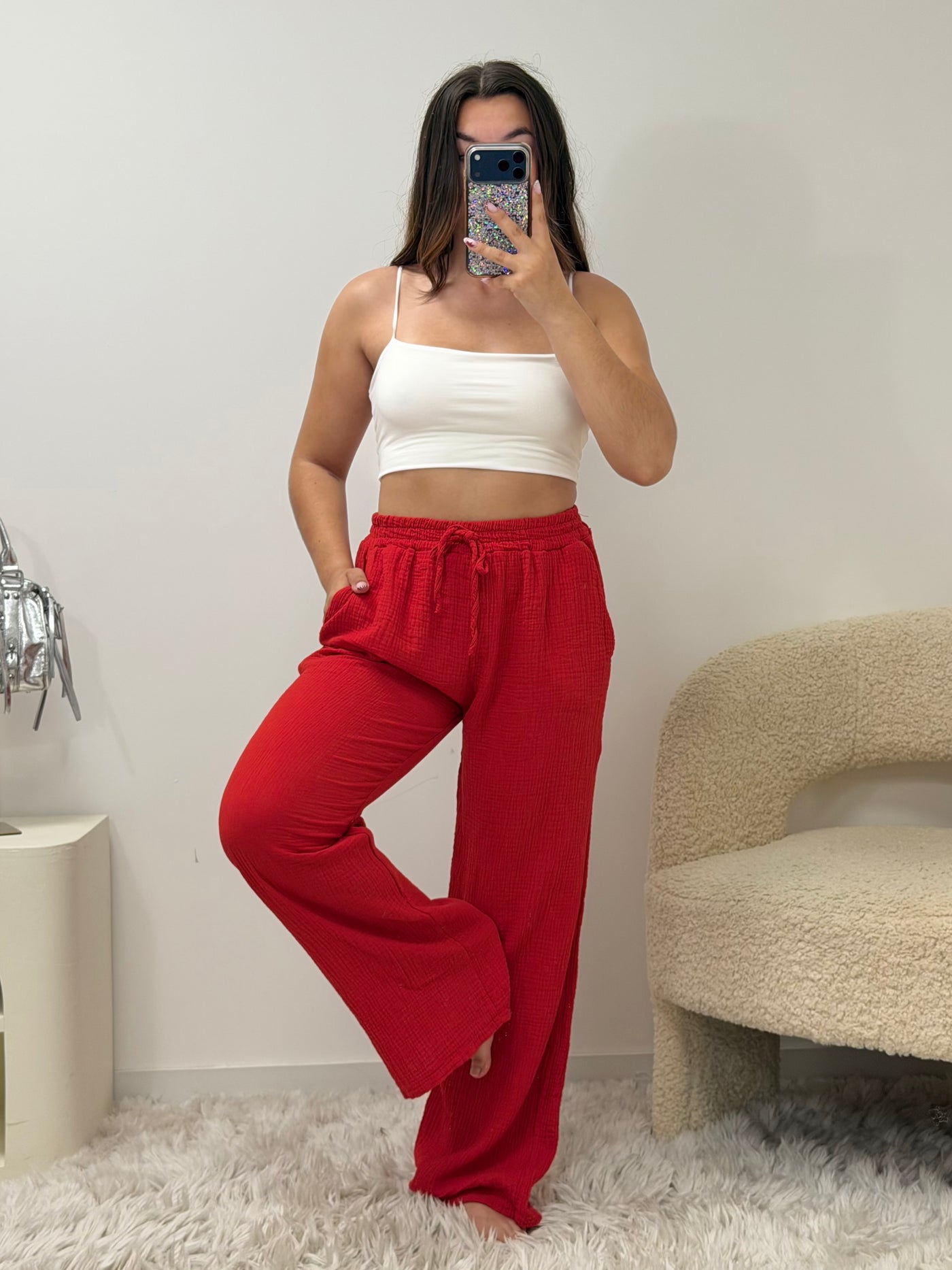 Pantalon Amy rouge 100% coton taille unique fabriqué en Italie - vue dos - Ds'Clothes