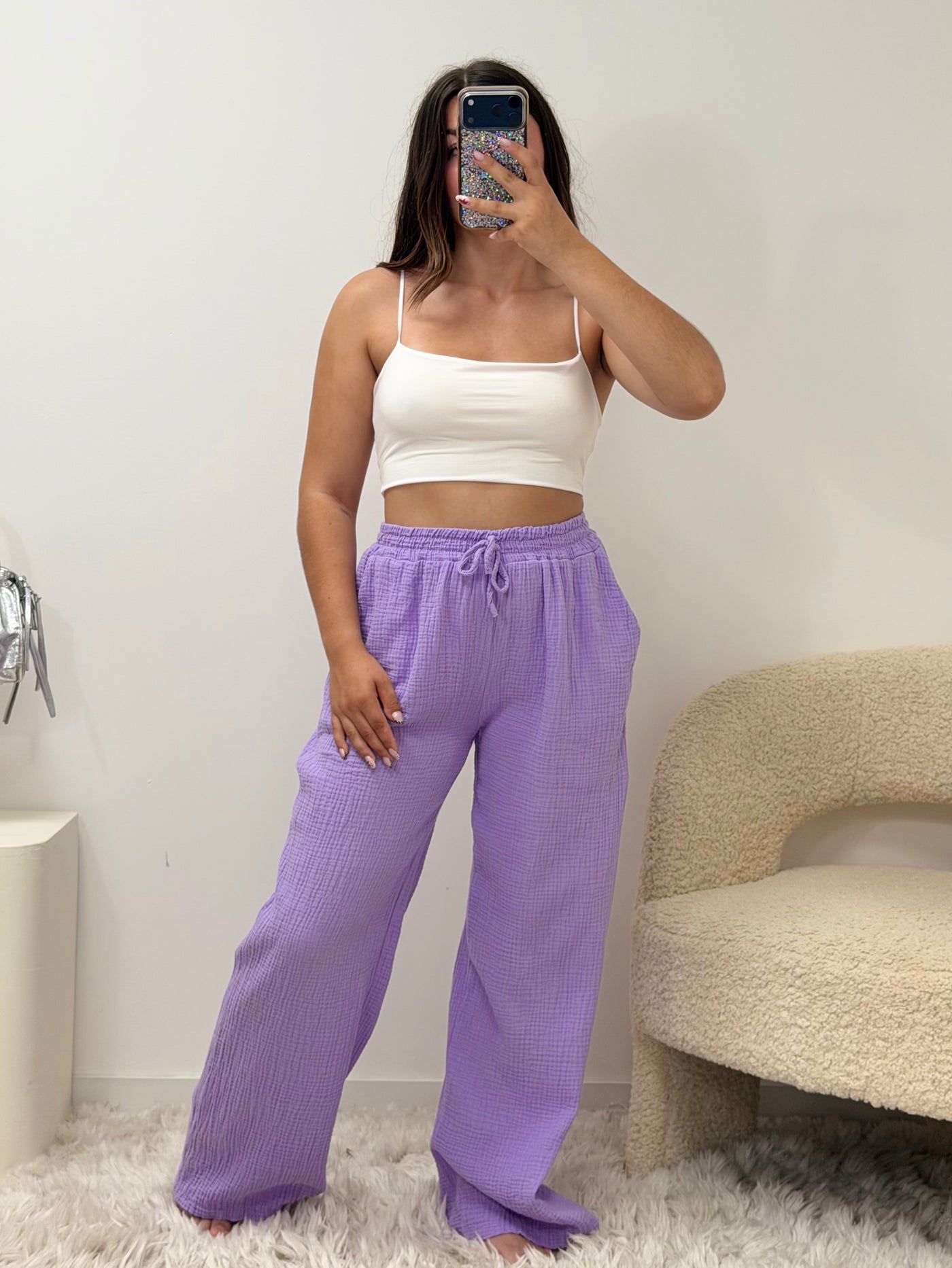 Pantalon Amy lila 100% coton taille unique fabriqué en Italie - vue face - Ds'Clothes