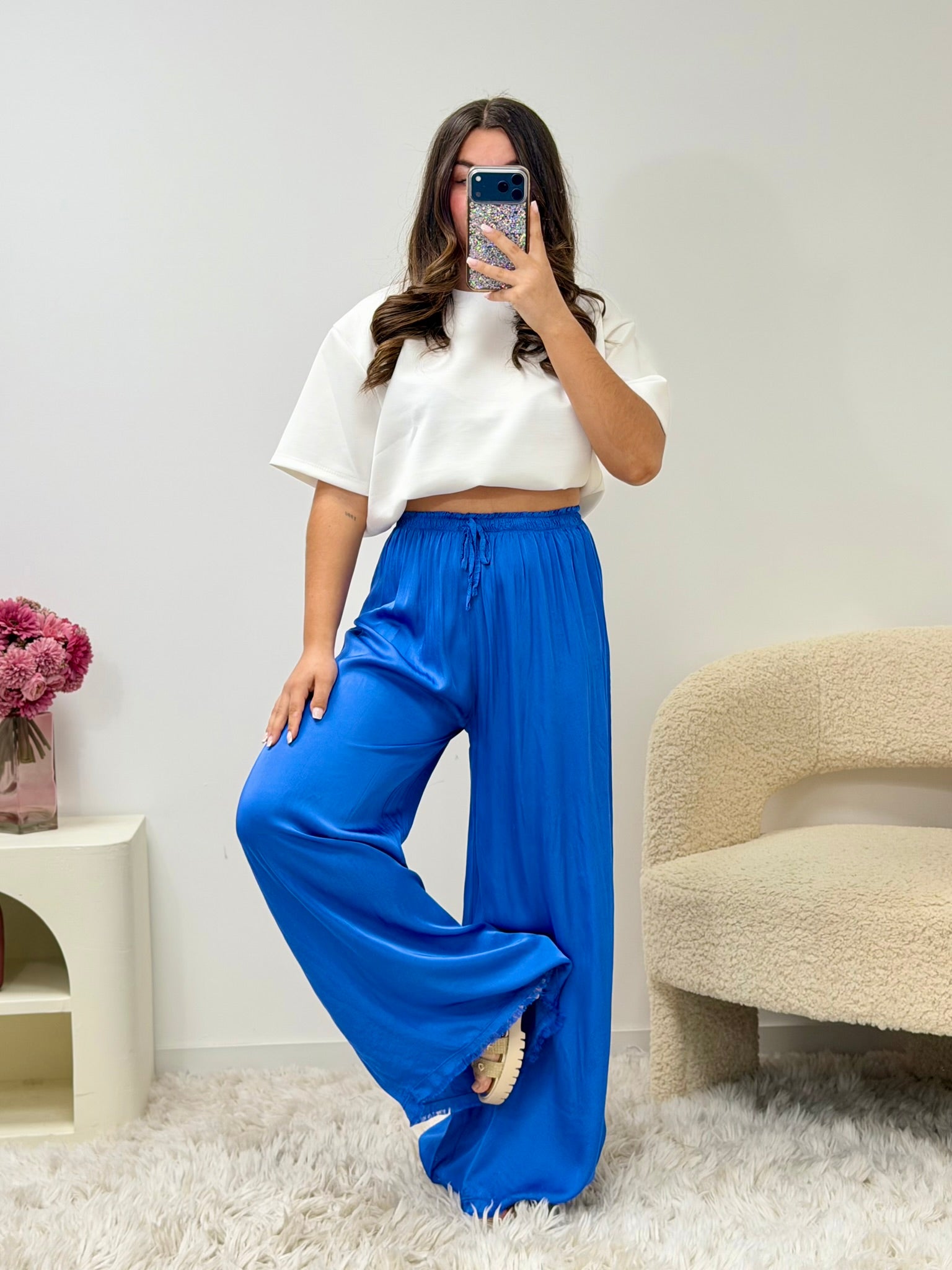 pantalon Pantalon en satin bleu royale dsclothes