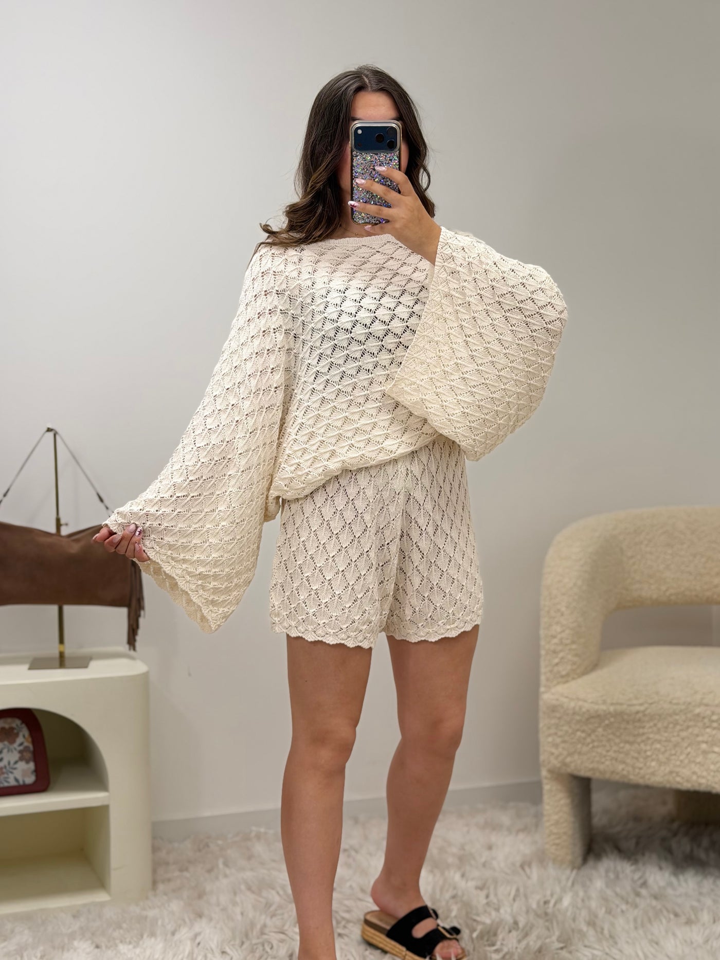 Ensemble en crochet écru pour femme, vue face, Ds'Clothes