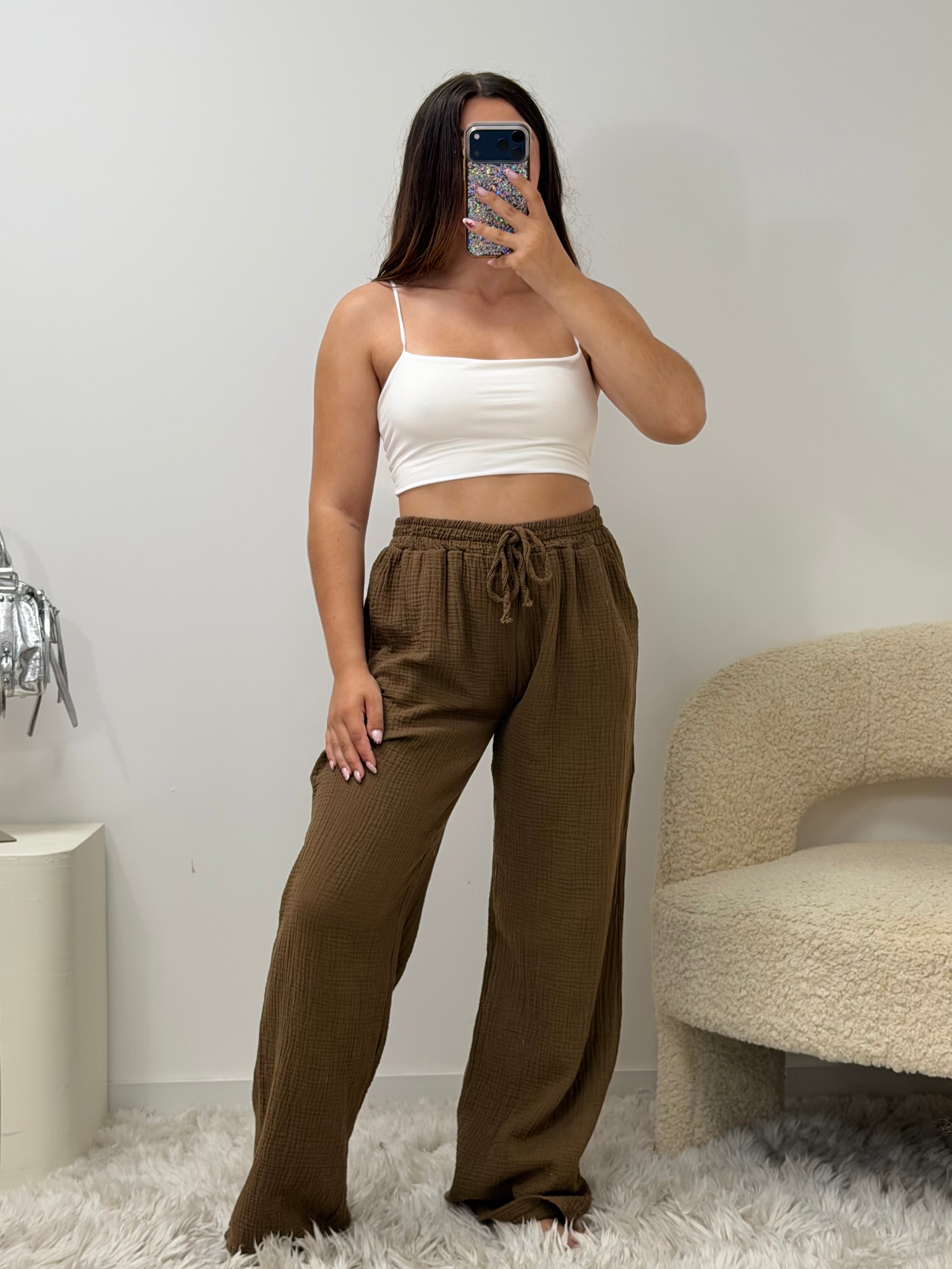 Pantalon Amy marron 100% coton taille unique fabriqué en Italie - vue face - Ds'Clothes