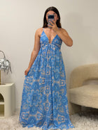 Robe longue India bleue bretelles réglables taille unique - vue face - Ds'Clothes