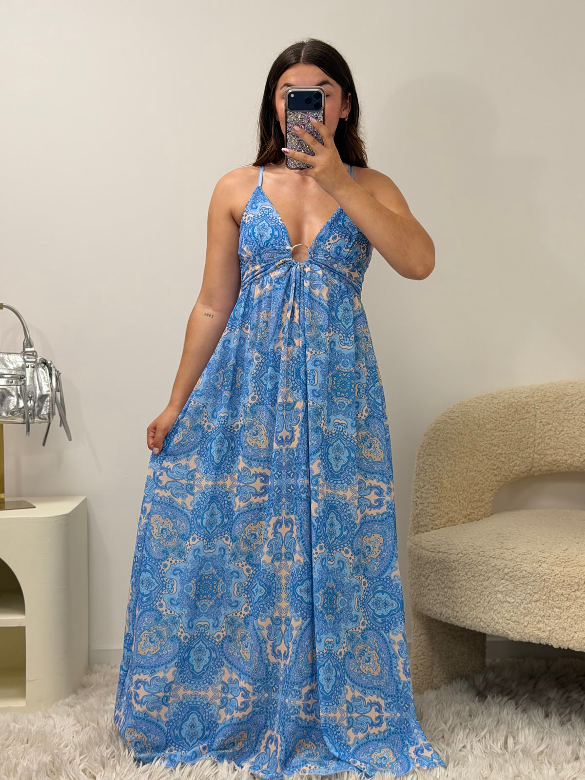 Robe longue India bleue bretelles réglables taille unique - vue face - Ds'Clothes