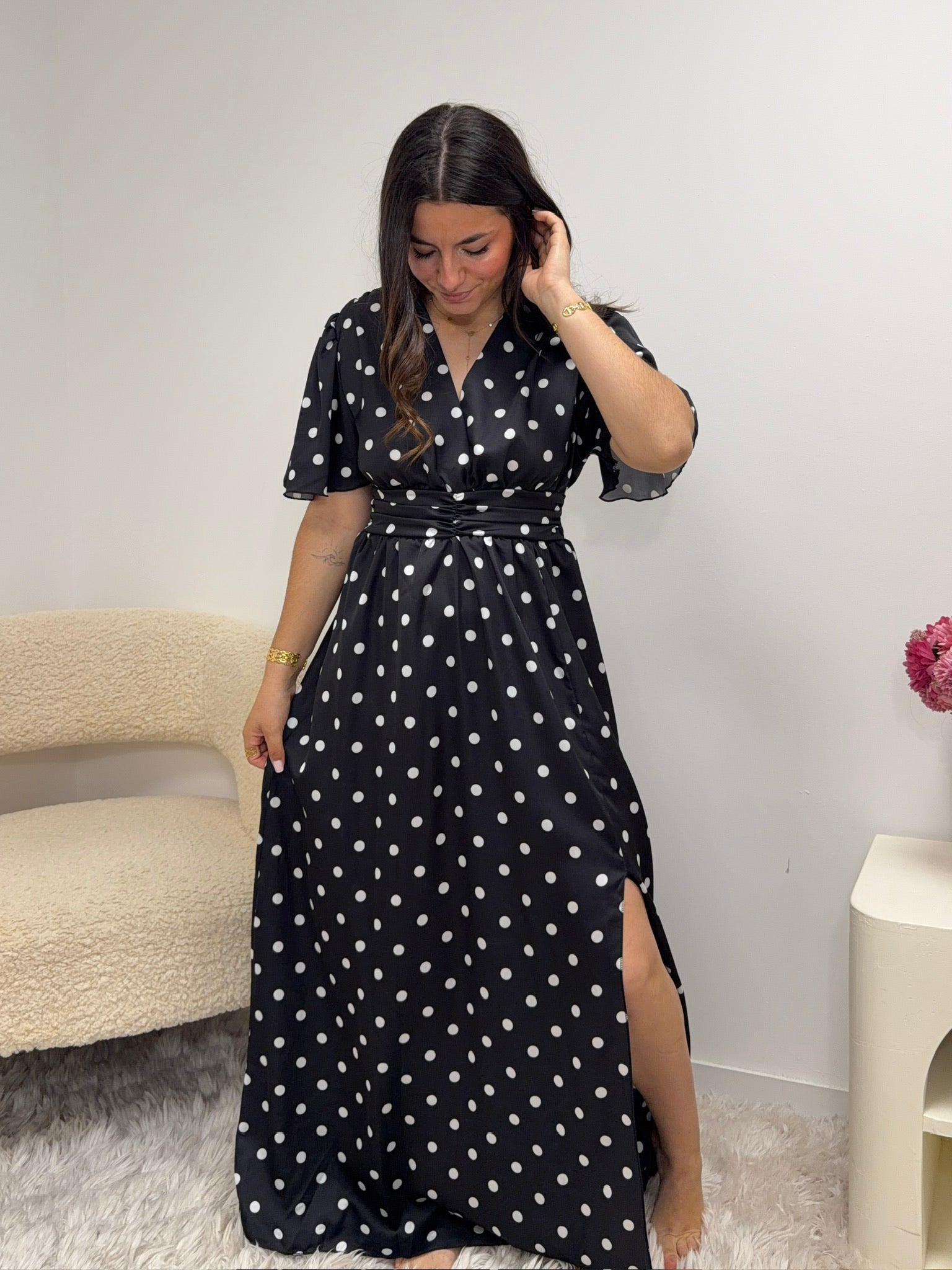 Robe longue satinée à pois noire femme - taille 34 à 44 - Ds'Clothes