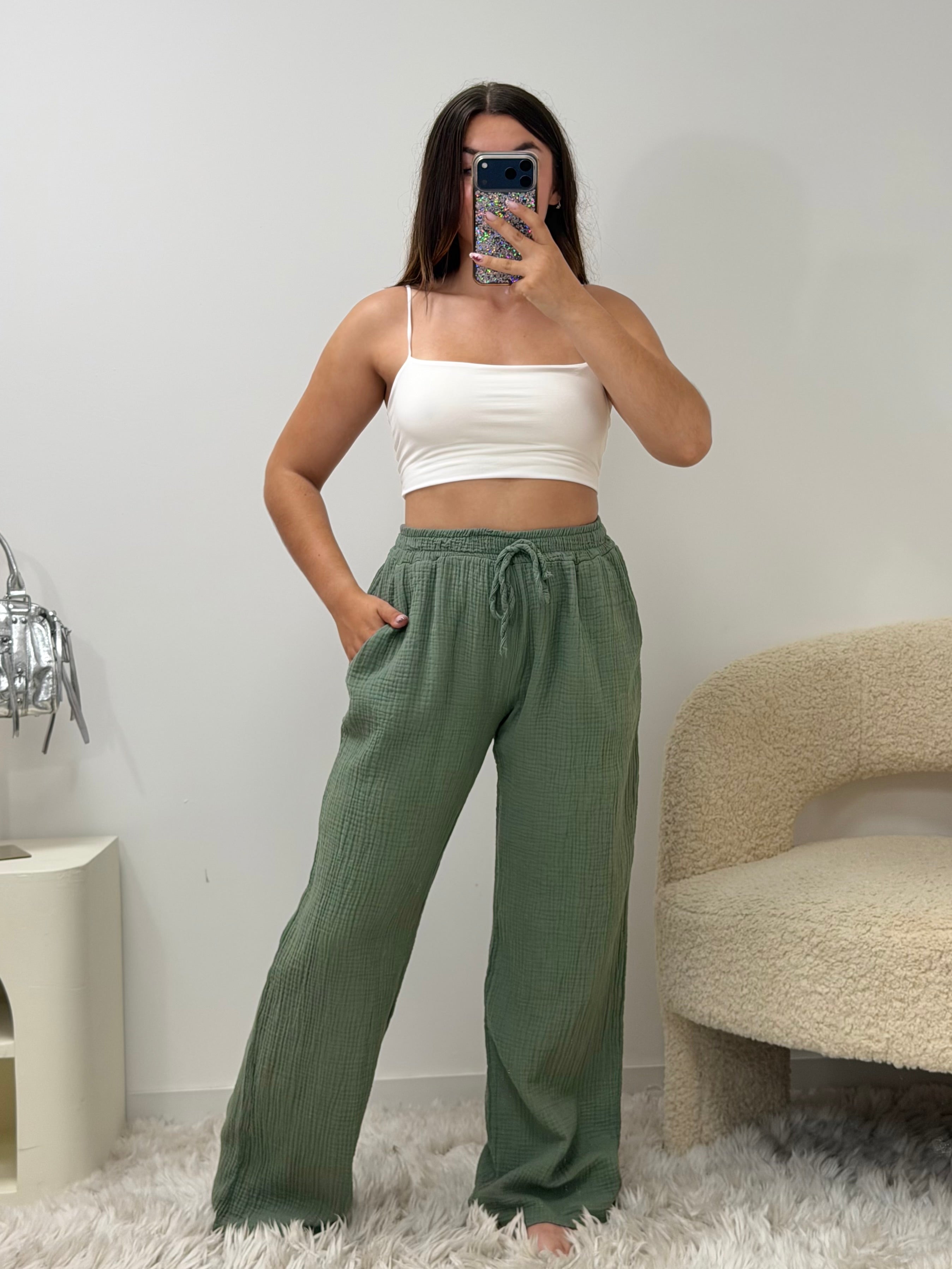 Pantalon Amy kaki 100% coton taille unique fabriqué en Italie - vue face - Ds'Clothes