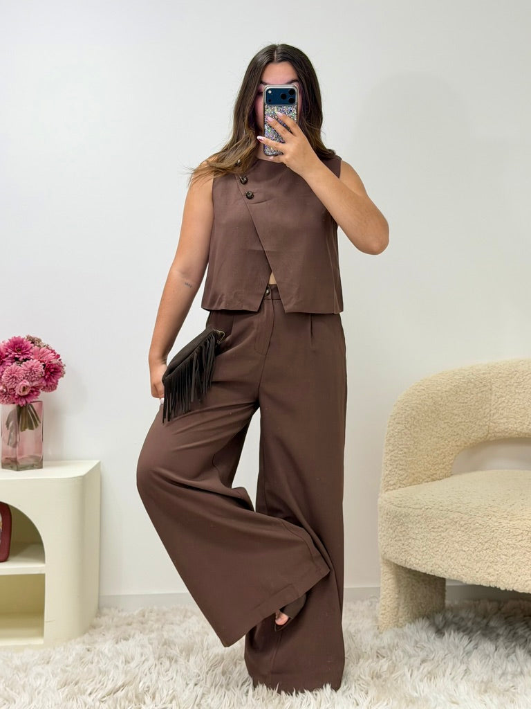 Haut ALBA marron tailleur femme détail faux boutons - Ds'Clothes