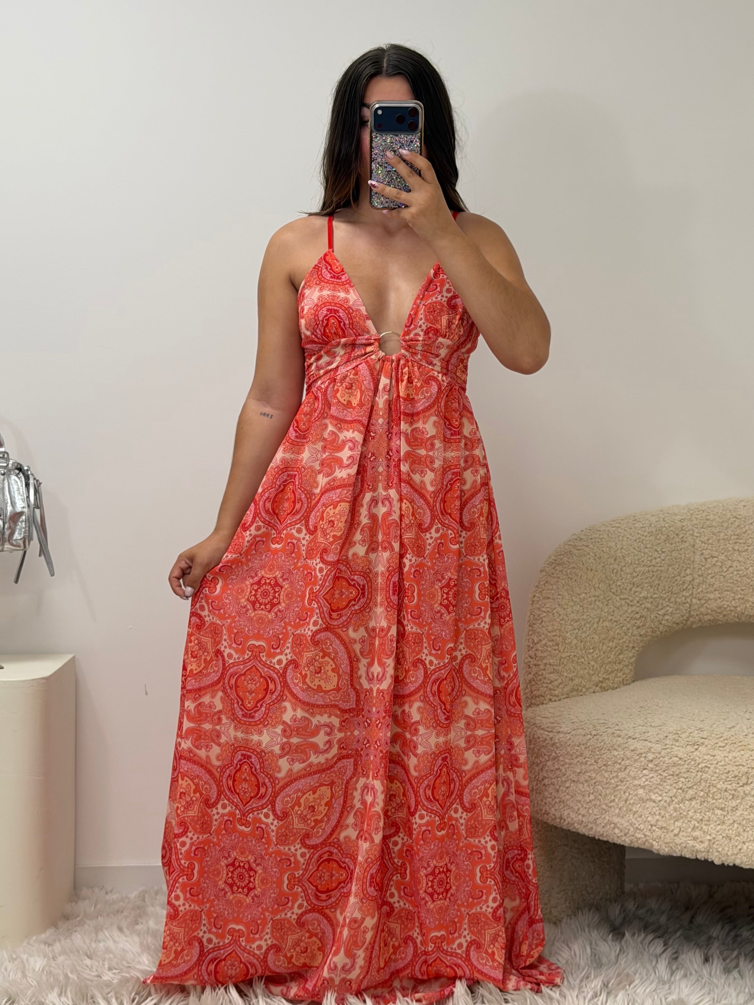 Robe longue India rouge bretelles réglables taille unique - vue face - Ds'Clothes
