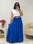 Jupe longue bleu royal à volants étagés en coton – style bohème chic – Ds'Clothes