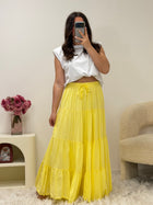 Jupe longue jaune à volants étagés en coton – style bohème chic – Ds'Clothes