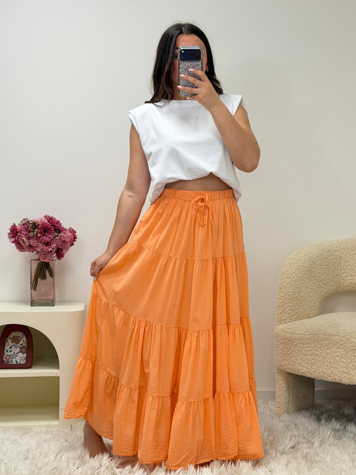 Jupe longue orange à volants étagés en coton – style bohème chic – Ds'Clothes