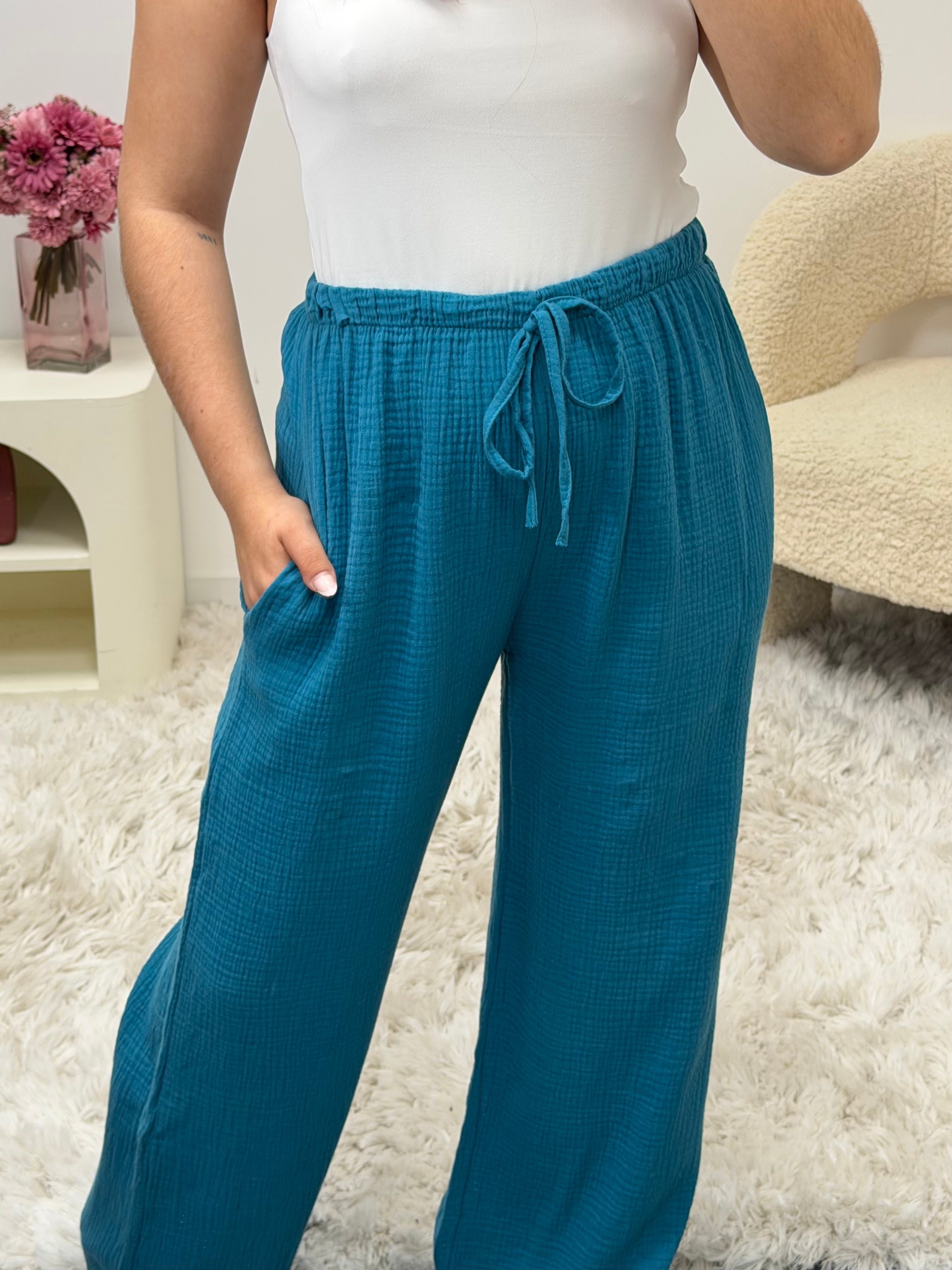 pantalon Pantalon en gaze de coton bleu canard dsclothes