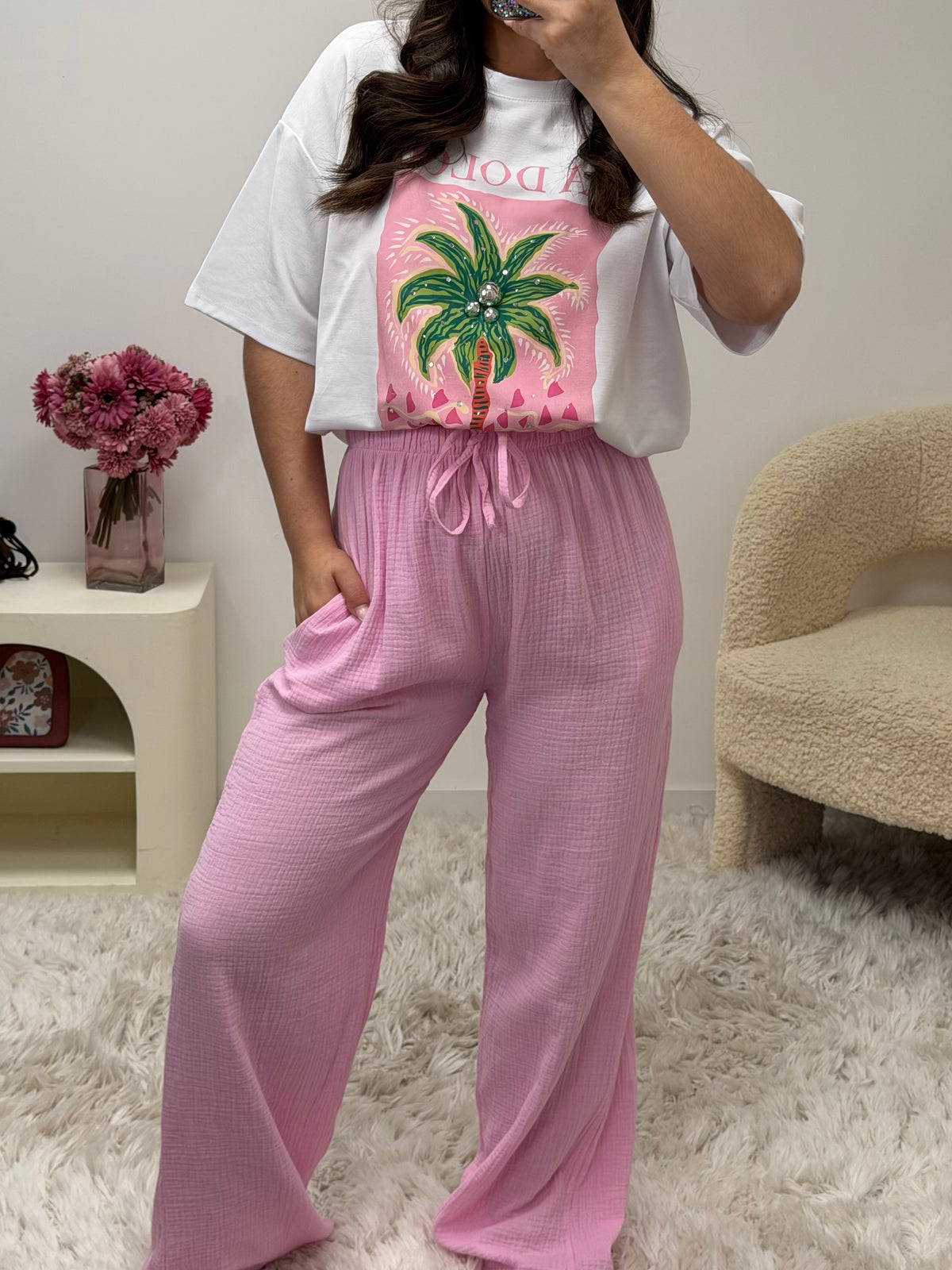 pantalon Pantalon en gaze de coton rose dsclothes