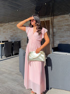 Robe ÉVA rose - décolleté V cache-cœur, manches volantées, jupe longue fluide - Ds'Clothes